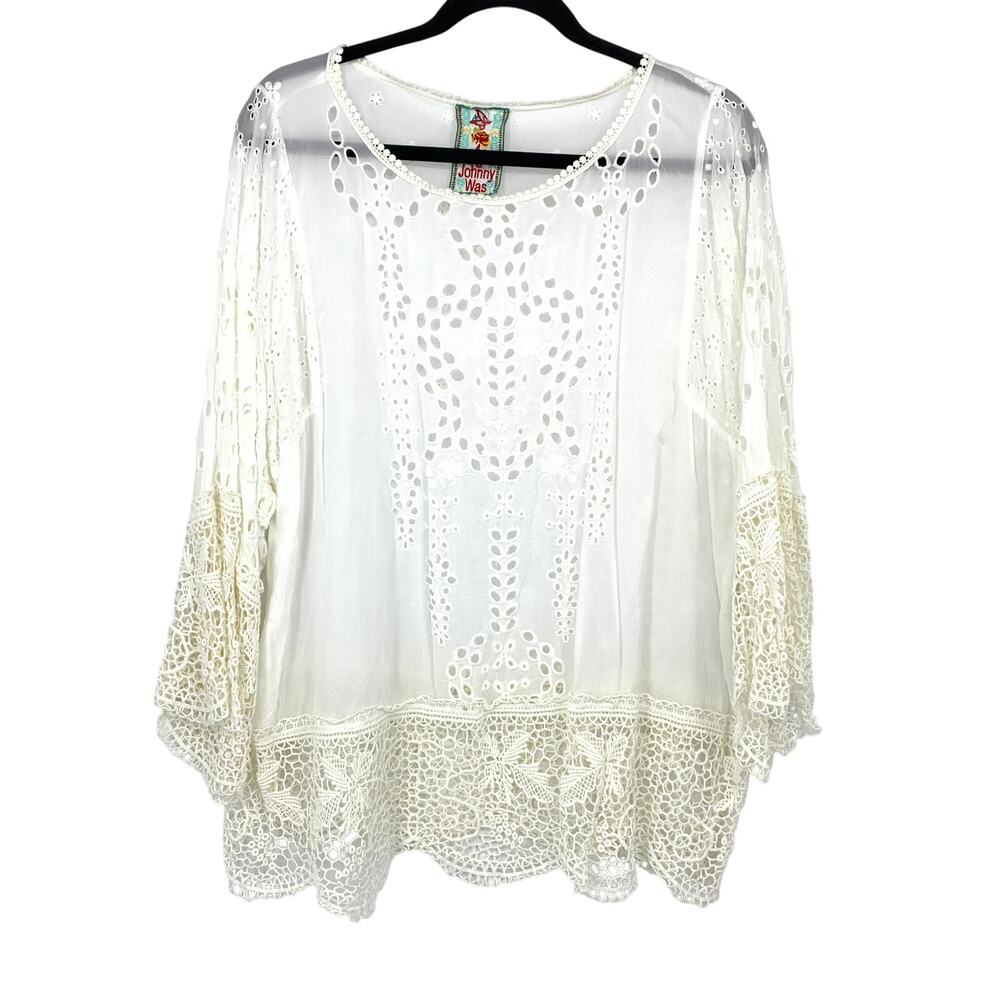 Johnny Was Embroidered Eyelet + Crochet Lace Blouse Sz L White Cream Bell Sleeve